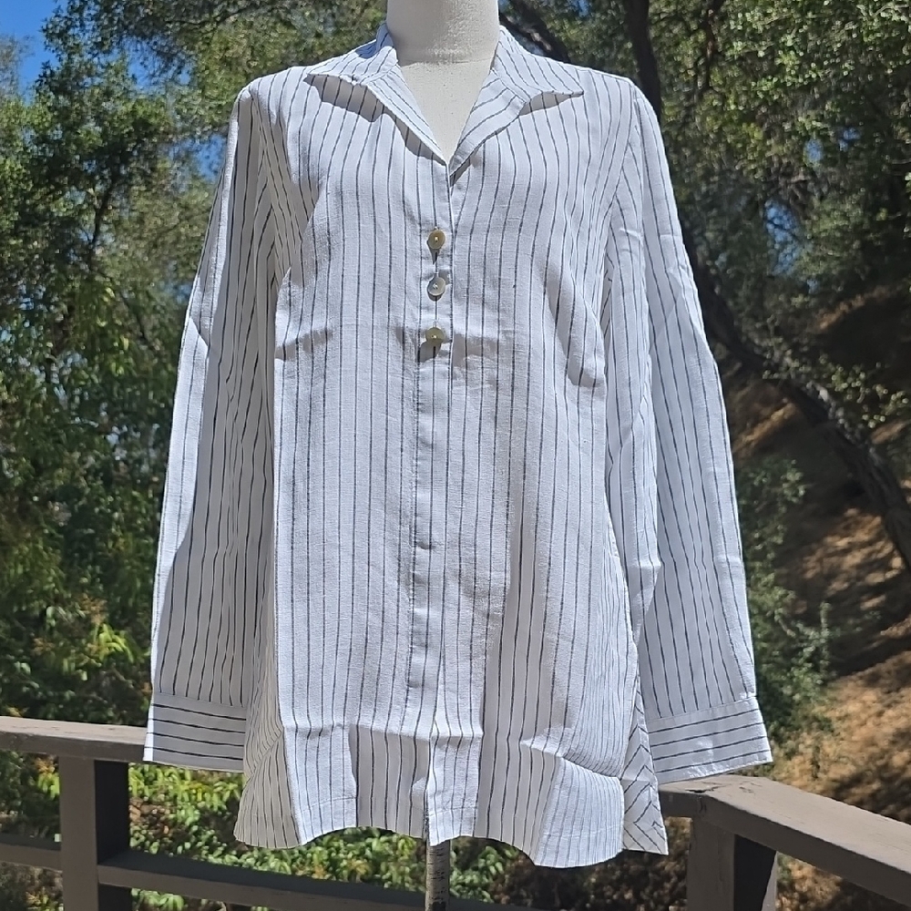 NWT HINSON WU WHITE LINEN LONG SLEEVE BUTTON UP TOP W/BLACK STRIPES SIZE 8